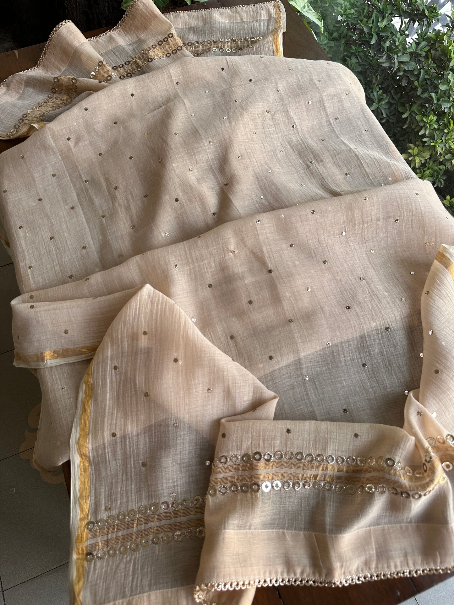 Dusty Beige Shade Mukaish Kamdani Mul Chanderi Angarkha