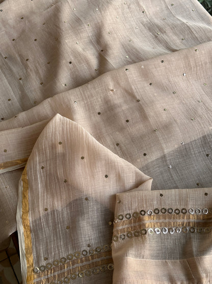 Dusty Beige Shade Mukaish Kamdani Mul Chanderi Angarkha