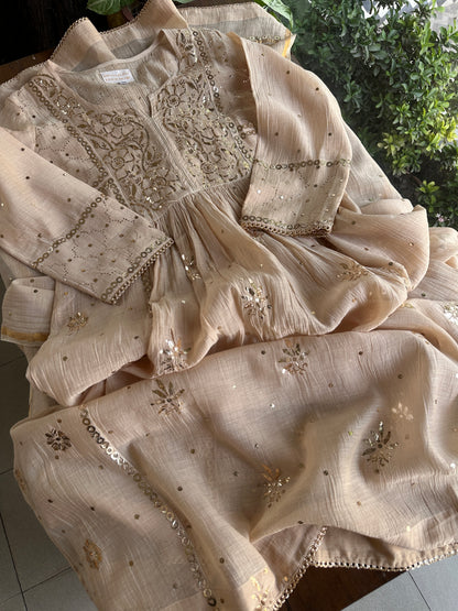Dusty Beige Shade Mukaish Kamdani Mul Chanderi Angarkha