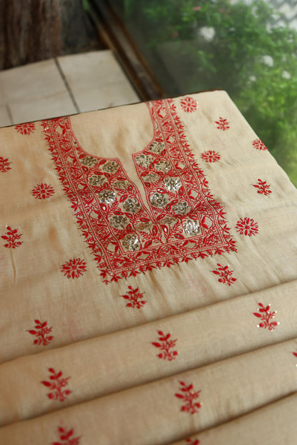 Dusty Beige & Red Shade Mal Cotton Chikankari Unstitched Kurta Dupatta Fabric With Mukaish Badla