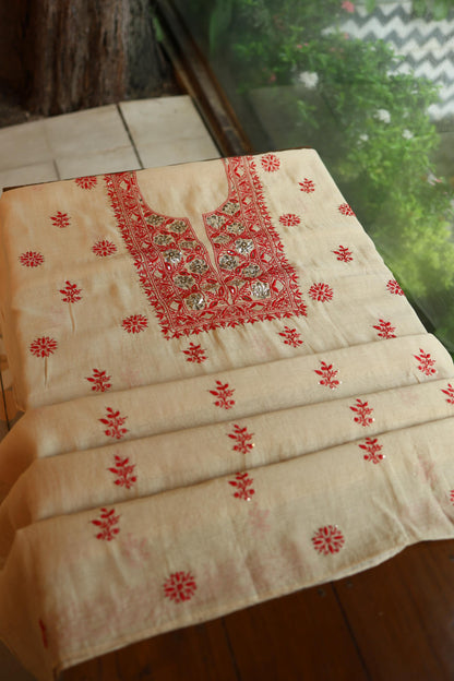 Dusty Beige & Red Shade Mal Cotton Chikankari Unstitched Kurta Dupatta Fabric With Mukaish Badla