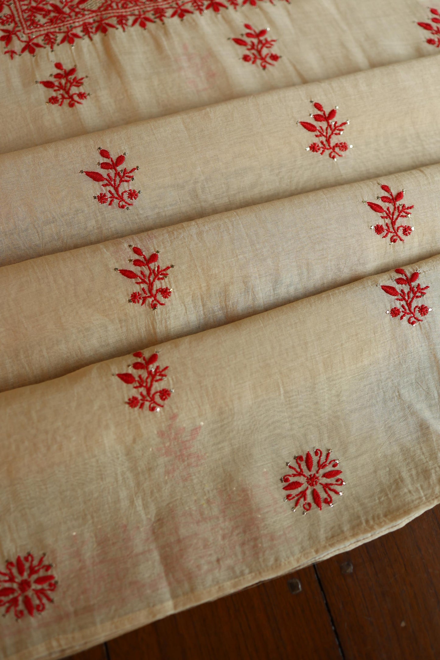 Dusty Beige & Red Shade Mal Cotton Chikankari Unstitched Kurta Dupatta Fabric With Mukaish Badla