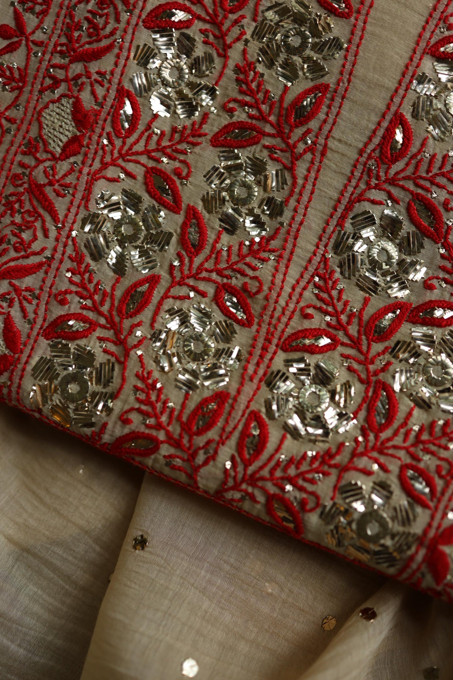 Dusty Beige & Red Shade Mal Cotton Chikankari Unstitched Kurta Dupatta Fabric With Mukaish Badla