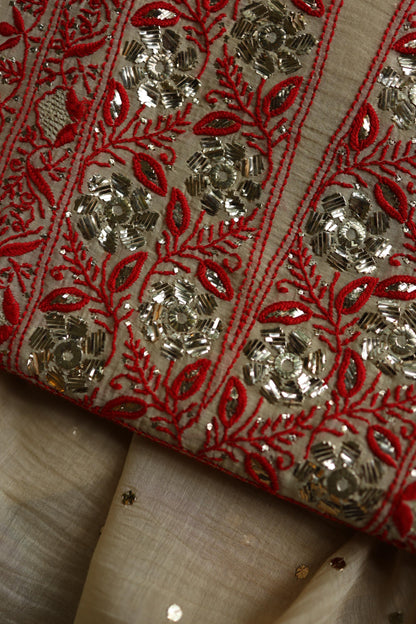 Dusty Beige & Red Shade Mal Cotton Chikankari Unstitched Kurta Dupatta Fabric With Mukaish Badla