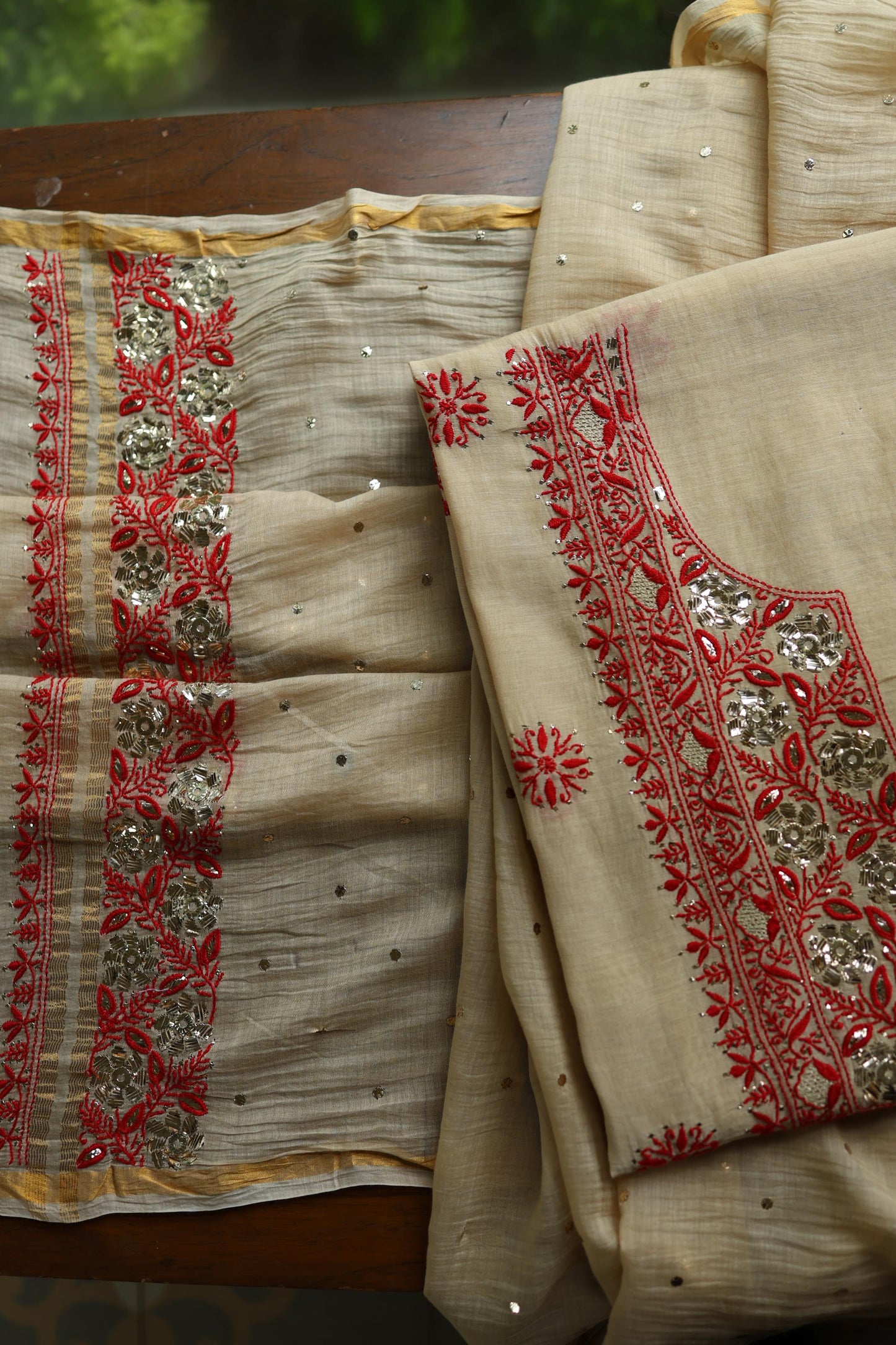 Dusty Beige & Red Shade Mal Cotton Chikankari Unstitched Kurta Dupatta Fabric With Mukaish Badla