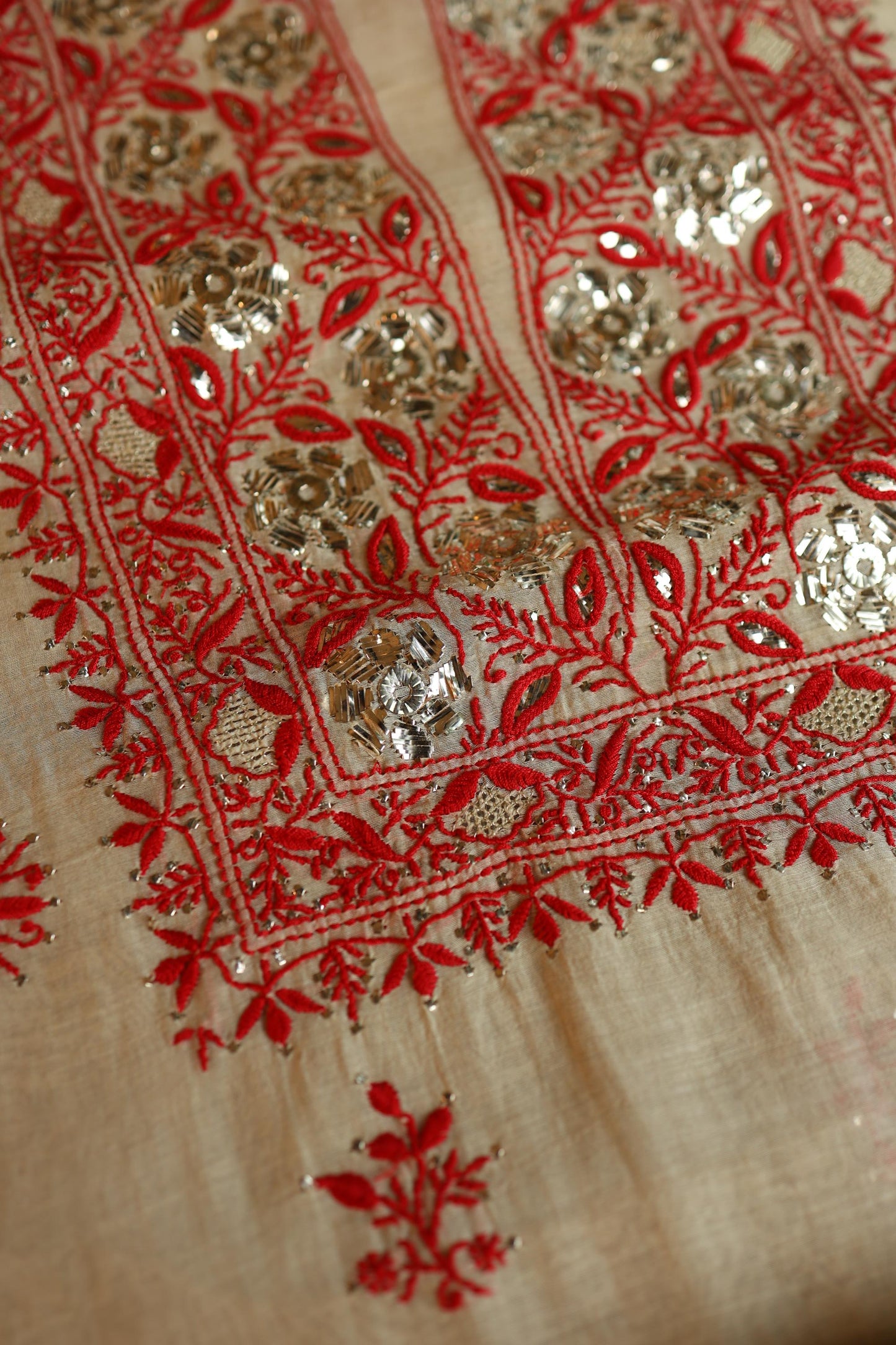 Dusty Beige & Red Shade Mal Cotton Chikankari Unstitched Kurta Dupatta Fabric With Mukaish Badla