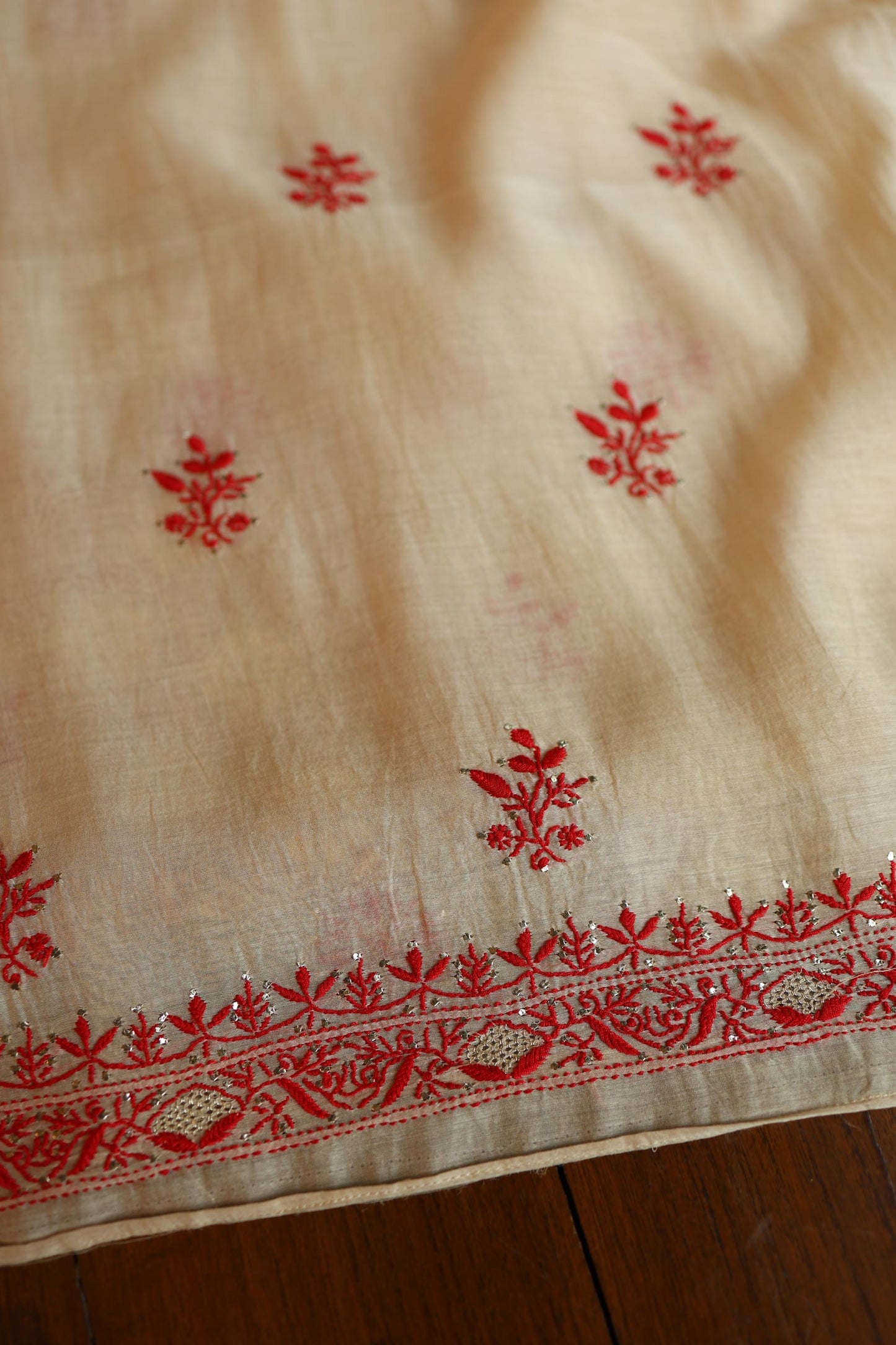 Dusty Beige & Red Shade Mal Cotton Chikankari Unstitched Kurta Dupatta Fabric With Mukaish Badla
