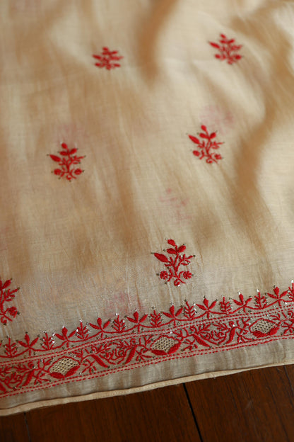 Dusty Beige & Red Shade Mal Cotton Chikankari Unstitched Kurta Dupatta Fabric With Mukaish Badla