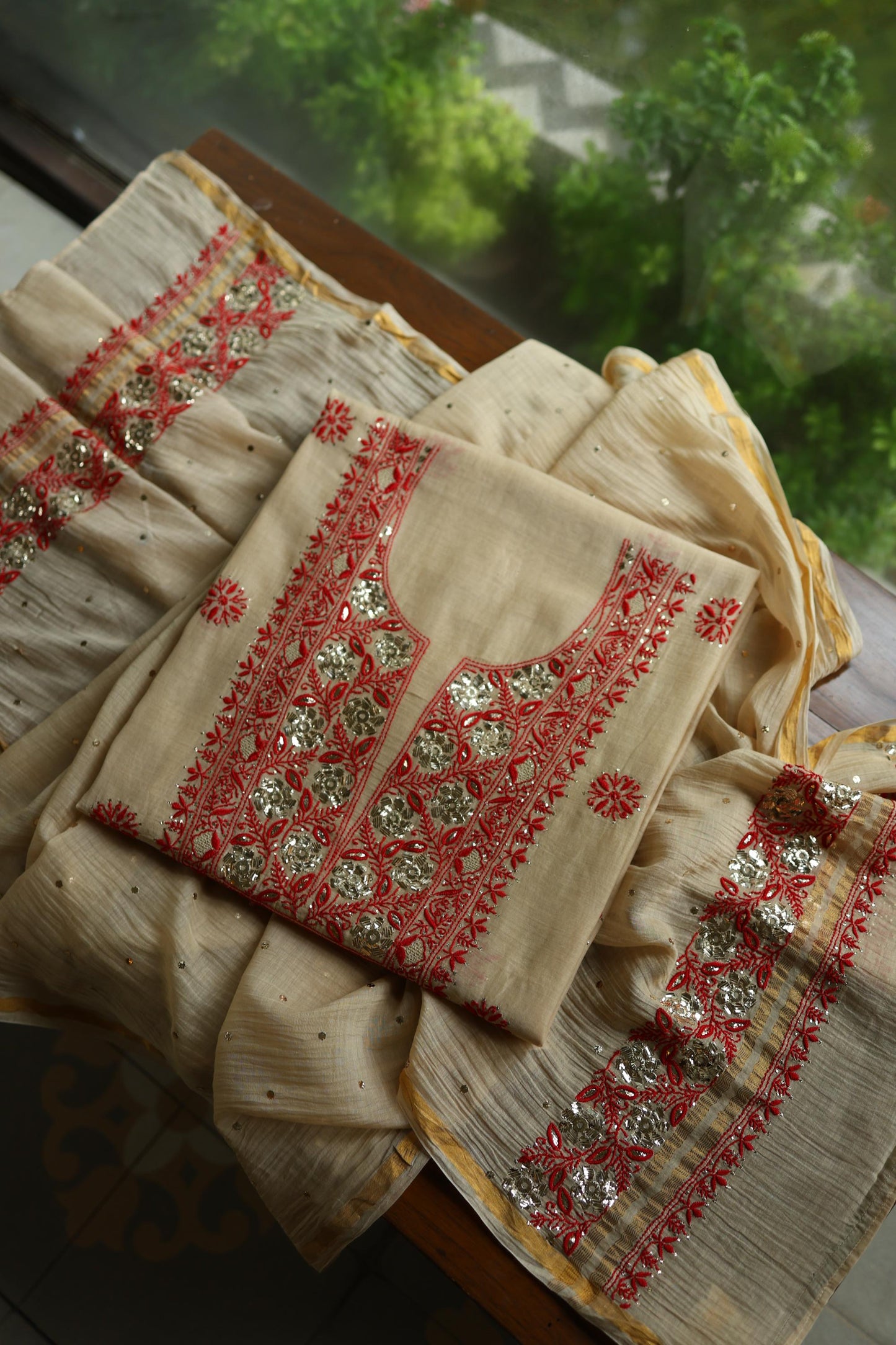 Dusty Beige & Red Shade Mal Cotton Chikankari Unstitched Kurta Dupatta Fabric With Mukaish Badla