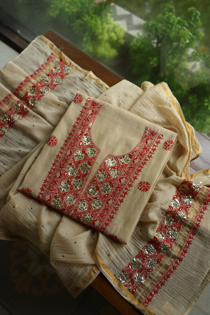 Dusty Beige & Red Shade Mal Cotton Chikankari Unstitched Kurta Dupatta Fabric With Mukaish Badla