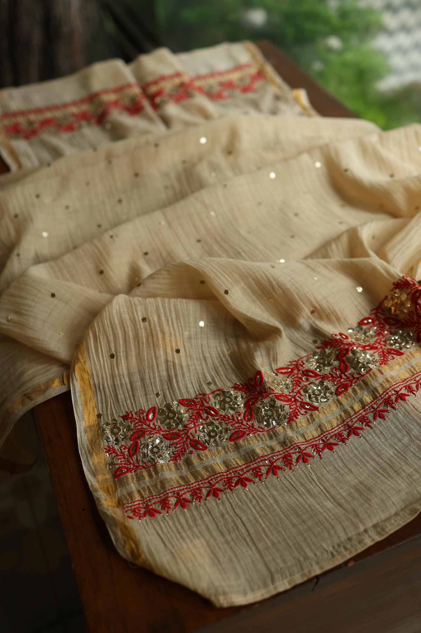 Dusty Beige & Red Shade Mal Cotton Chikankari Unstitched Kurta Dupatta Fabric With Mukaish Badla