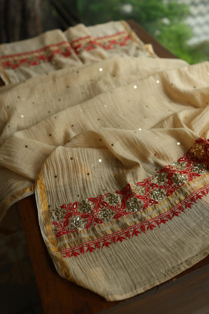 Dusty Beige & Red Shade Mal Cotton Chikankari Unstitched Kurta Dupatta Fabric With Mukaish Badla