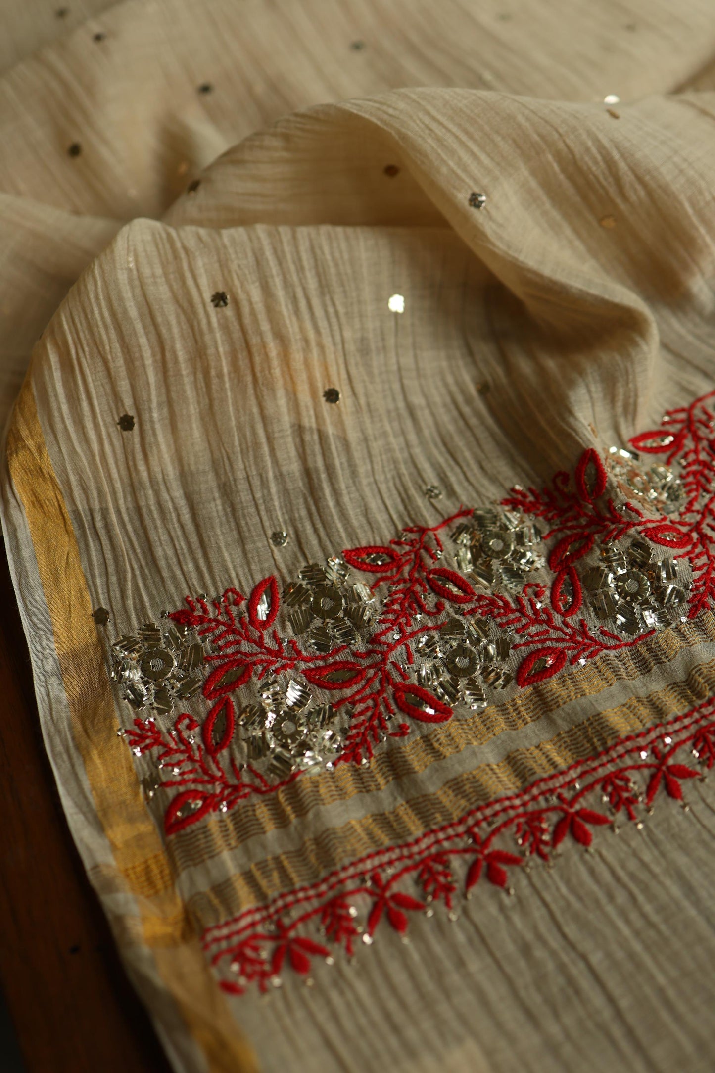 Dusty Beige & Red Shade Mal Cotton Chikankari Unstitched Kurta Dupatta Fabric With Mukaish Badla