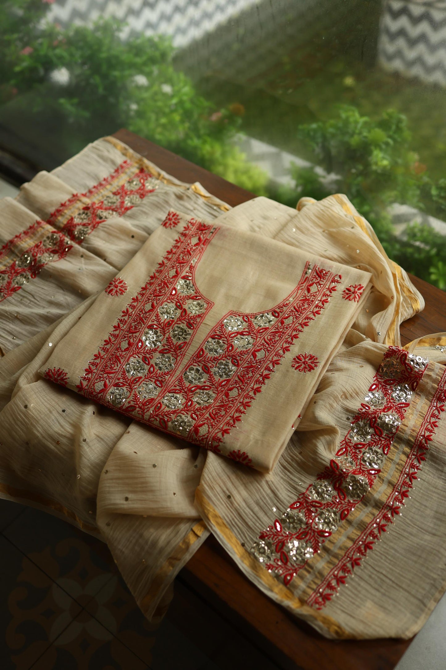 Dusty Beige & Red Shade Mal Cotton Chikankari Unstitched Kurta Dupatta Fabric With Mukaish Badla