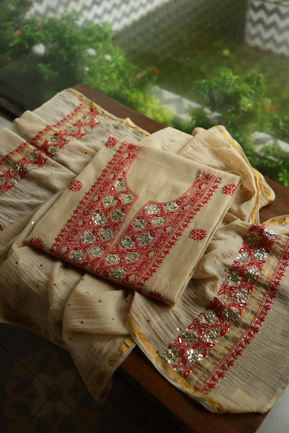 Dusty Beige & Red Shade Mal Cotton Chikankari Unstitched Kurta Dupatta Fabric With Mukaish Badla