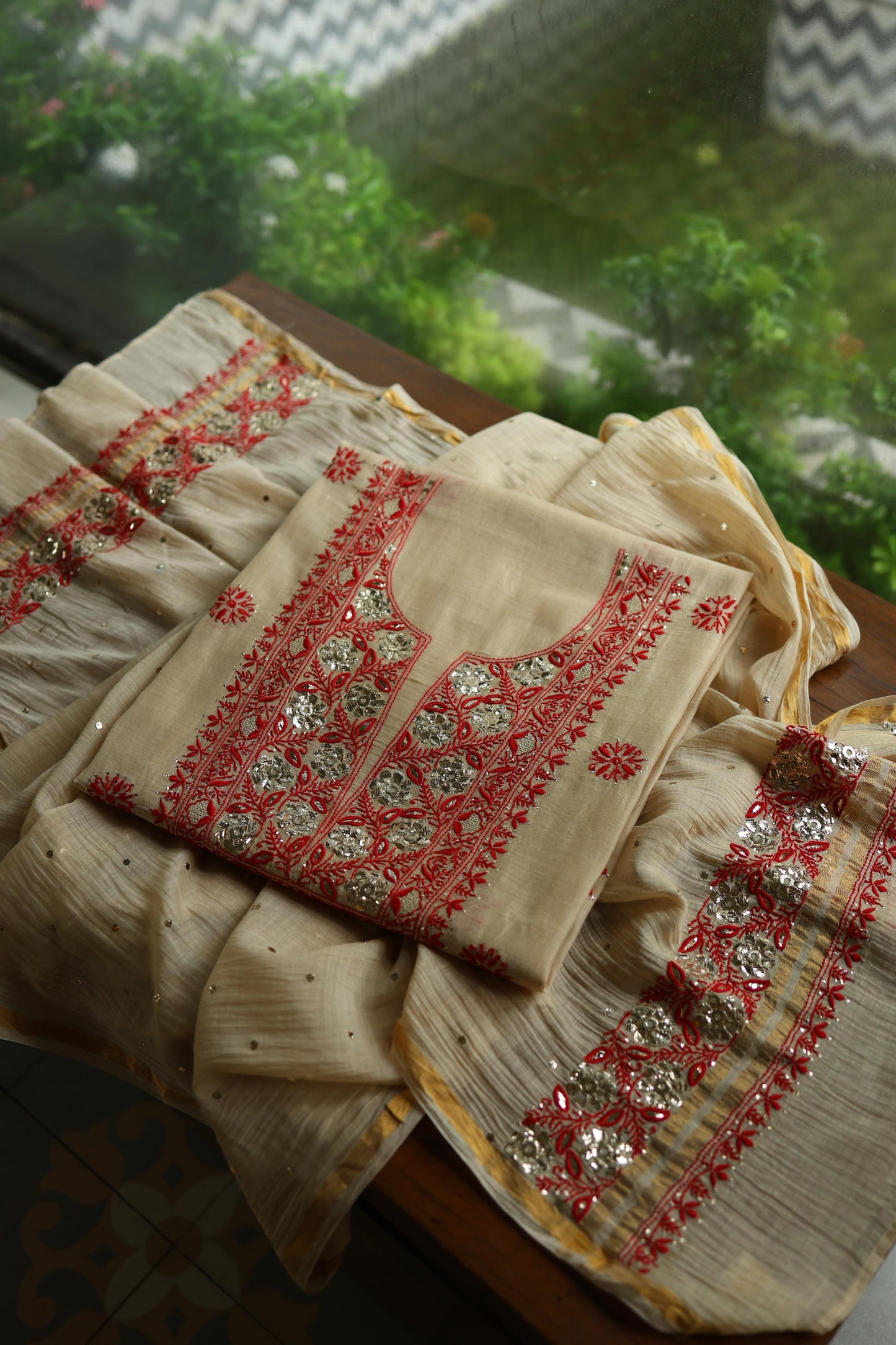 Dusty Beige & Red Shade Mal Cotton Chikankari Unstitched Kurta Dupatta Fabric With Mukaish Badla