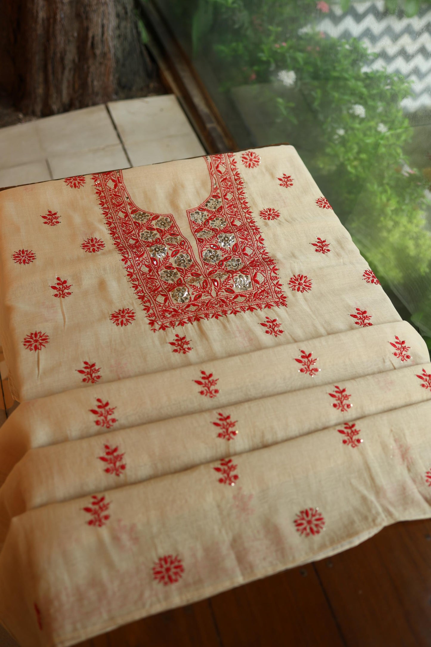 Dusty Beige & Red Shade Mal Cotton Chikankari Unstitched Kurta Dupatta Fabric With Mukaish Badla