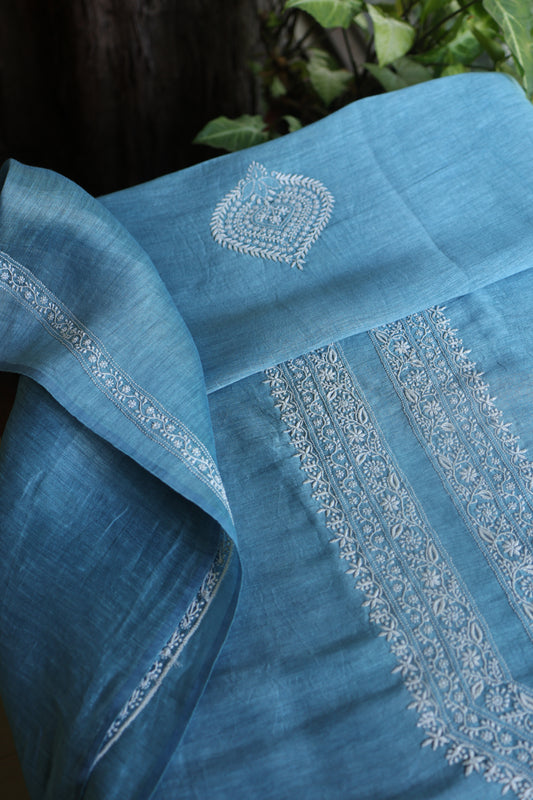 Dusty Blue Linen Chikankari Unstitched Men's Kurtas Fabric