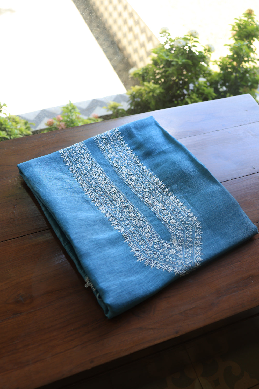 Dusty Blue Linen Chikankari Unstitched Men's Kurtas Fabric