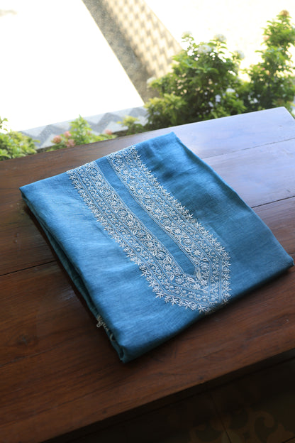 Dusty Blue Linen Chikankari Unstitched Men's Kurtas Fabric