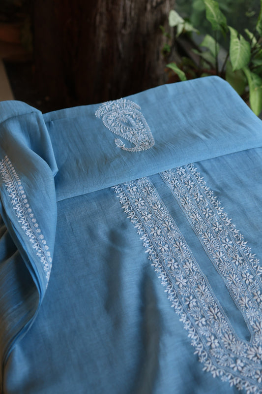 Dusty Blue Mulmul Chikankari Unstitched Men's Kurtas Fabric