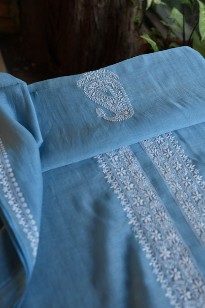 Dusty Blue Mulmul Chikankari Unstitched Men's Kurtas Fabric