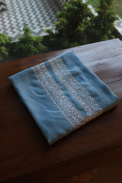 Dusty Blue Mulmul Chikankari Unstitched Men's Kurtas Fabric