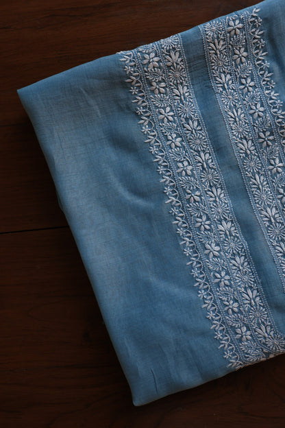 Dusty Blue Mulmul Chikankari Unstitched Men's Kurtas Fabric