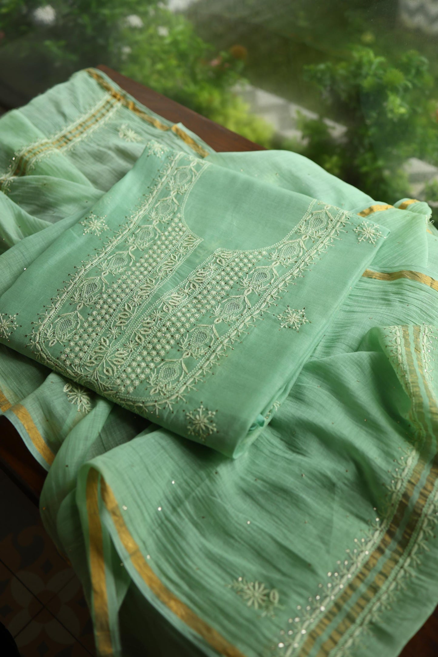 Dusty Green Shade Mal Cotton Chikankari Unstitched Kurta Dupatta Fabric With Mukaish Kamdani