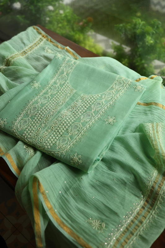 Dusty Green Shade Mal Cotton Chikankari Unstitched Kurta Dupatta Fabric With Mukaish Kamdani