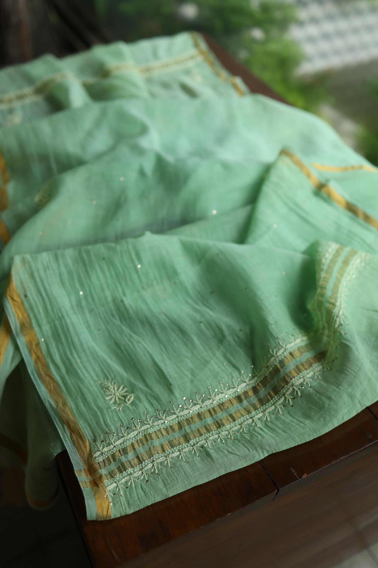 Dusty Green Shade Mal Cotton Chikankari Unstitched Kurta Dupatta Fabric With Mukaish Kamdani