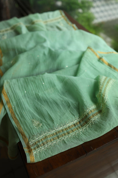 Dusty Green Shade Mal Cotton Chikankari Unstitched Kurta Dupatta Fabric With Mukaish Kamdani