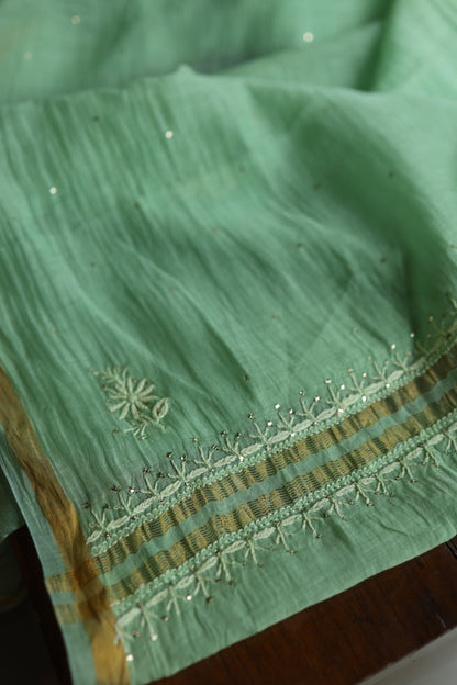 Dusty Green Shade Mal Cotton Chikankari Unstitched Kurta Dupatta Fabric With Mukaish Kamdani