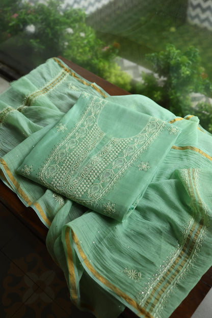 Dusty Green Shade Mal Cotton Chikankari Unstitched Kurta Dupatta Fabric With Mukaish Kamdani