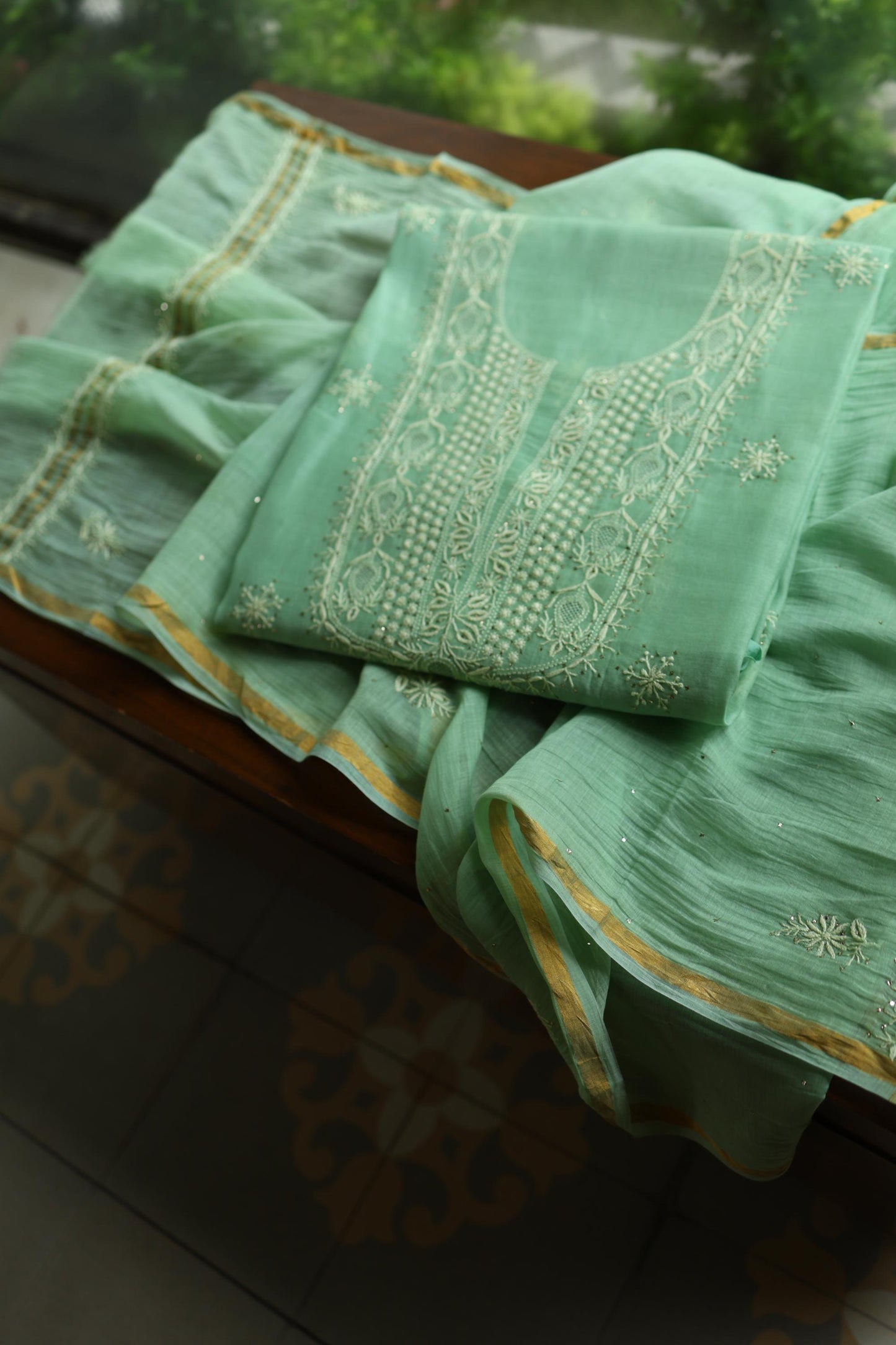 Dusty Green Shade Mal Cotton Chikankari Unstitched Kurta Dupatta Fabric With Mukaish Kamdani