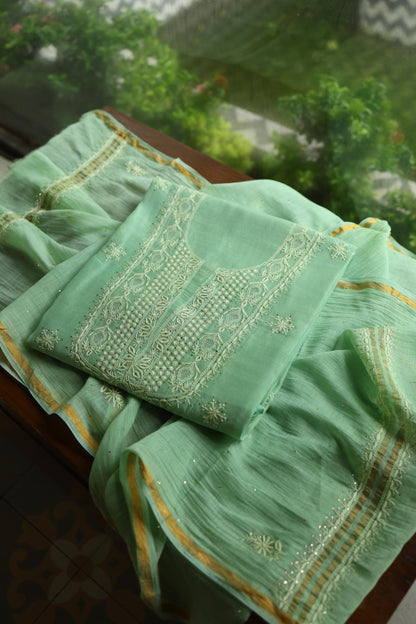 Dusty Green Shade Mal Cotton Chikankari Unstitched Kurta Dupatta Fabric With Mukaish Kamdani