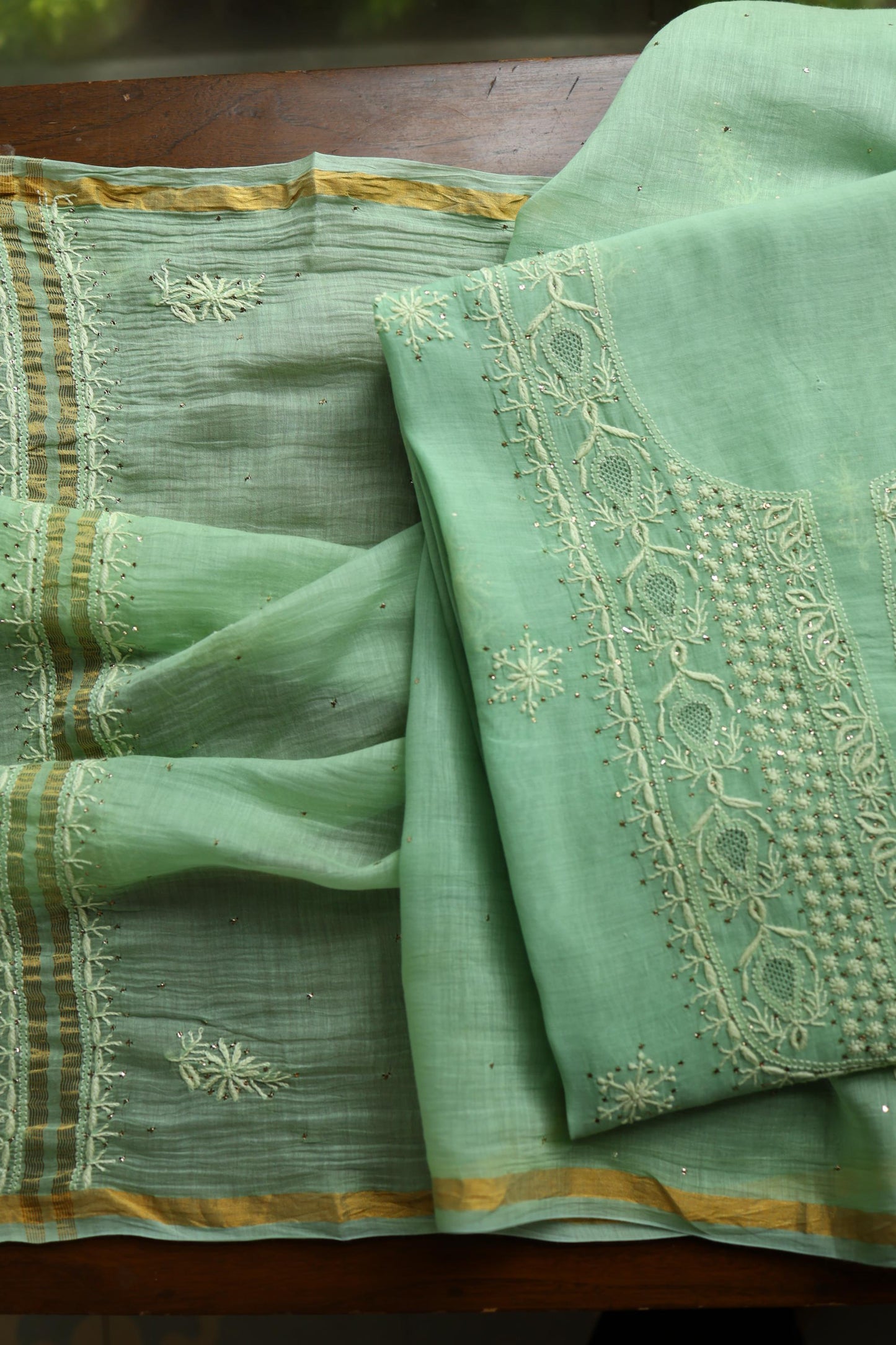 Dusty Green Shade Mal Cotton Chikankari Unstitched Kurta Dupatta Fabric With Mukaish Kamdani