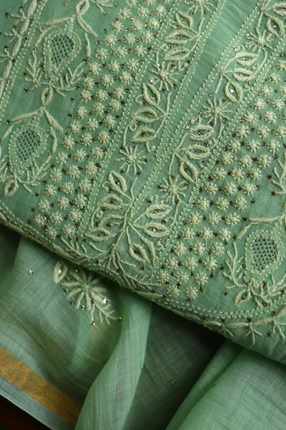 Dusty Green Shade Mal Cotton Chikankari Unstitched Kurta Dupatta Fabric With Mukaish Kamdani