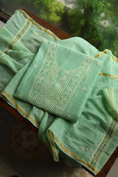 Dusty Green Shade Mal Cotton Chikankari Unstitched Kurta Dupatta Fabric With Mukaish Kamdani