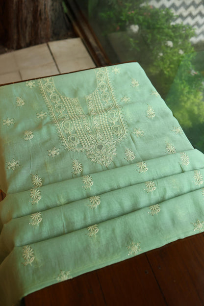 Dusty Green Shade Mal Cotton Chikankari Unstitched Kurta Dupatta Fabric With Mukaish Kamdani