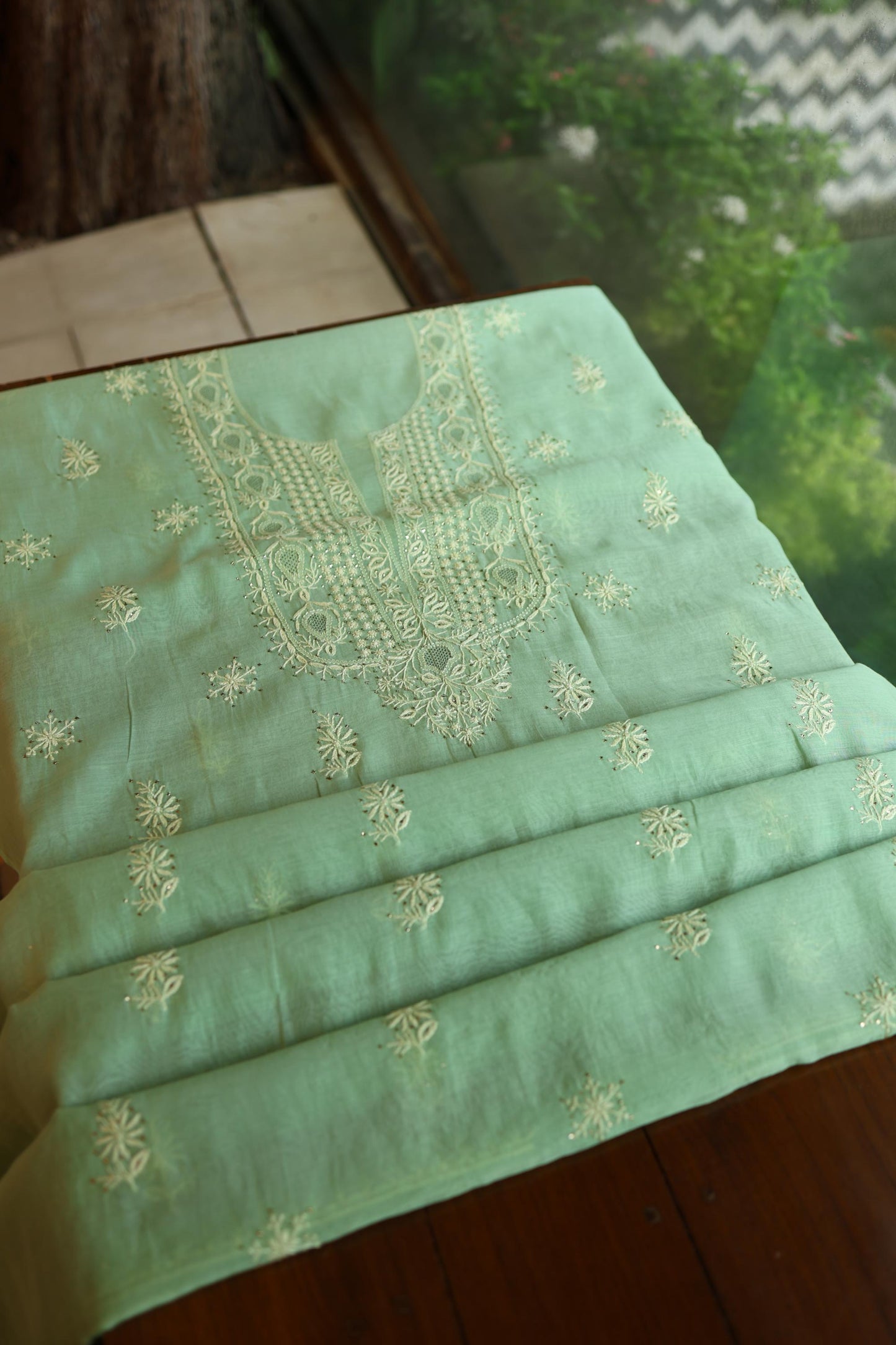 Dusty Green Shade Mal Cotton Chikankari Unstitched Kurta Dupatta Fabric With Mukaish Kamdani