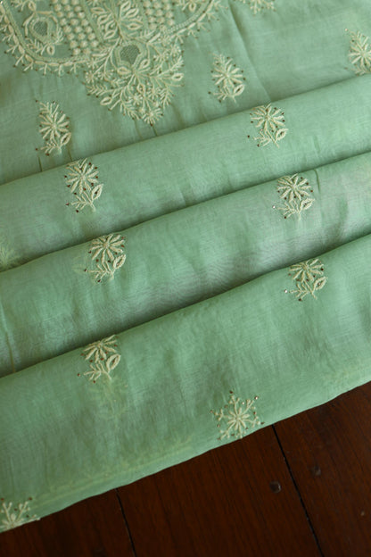 Dusty Green Shade Mal Cotton Chikankari Unstitched Kurta Dupatta Fabric With Mukaish Kamdani