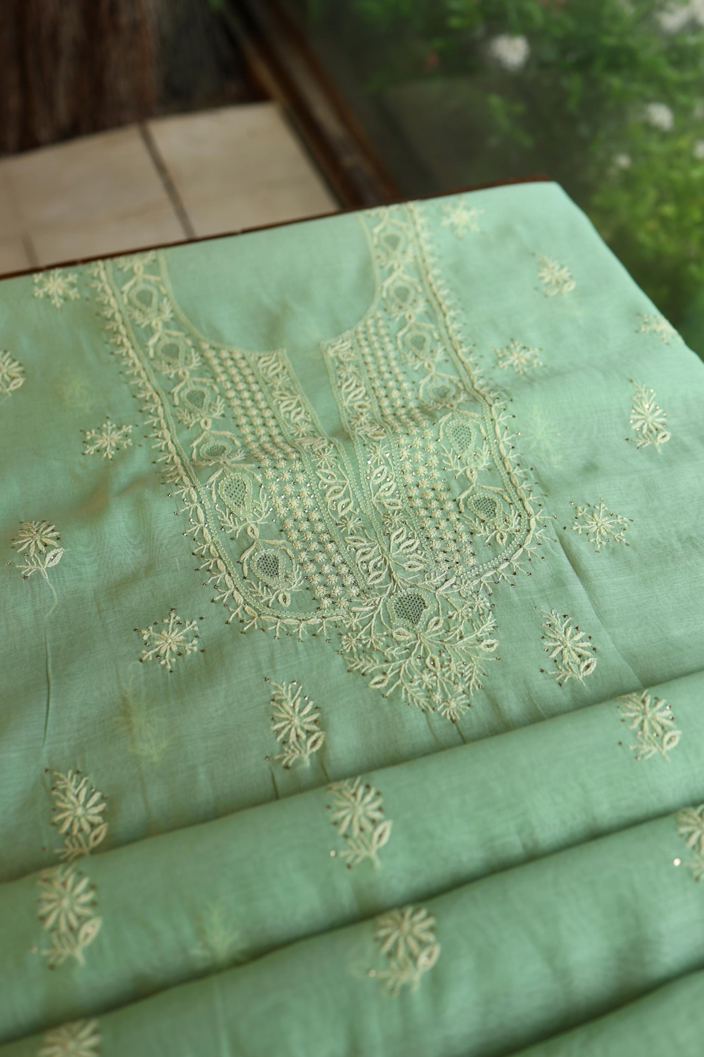 Dusty Green Shade Mal Cotton Chikankari Unstitched Kurta Dupatta Fabric With Mukaish Kamdani