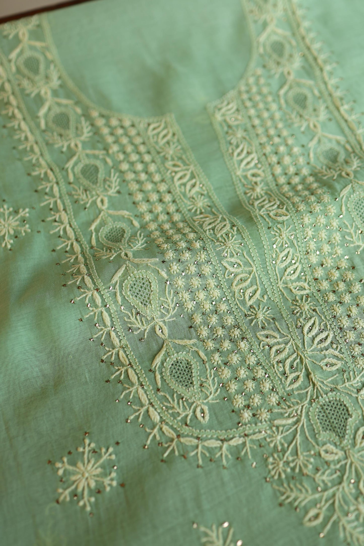 Dusty Green Shade Mal Cotton Chikankari Unstitched Kurta Dupatta Fabric With Mukaish Kamdani
