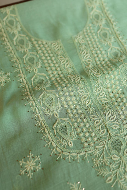 Dusty Green Shade Mal Cotton Chikankari Unstitched Kurta Dupatta Fabric With Mukaish Kamdani
