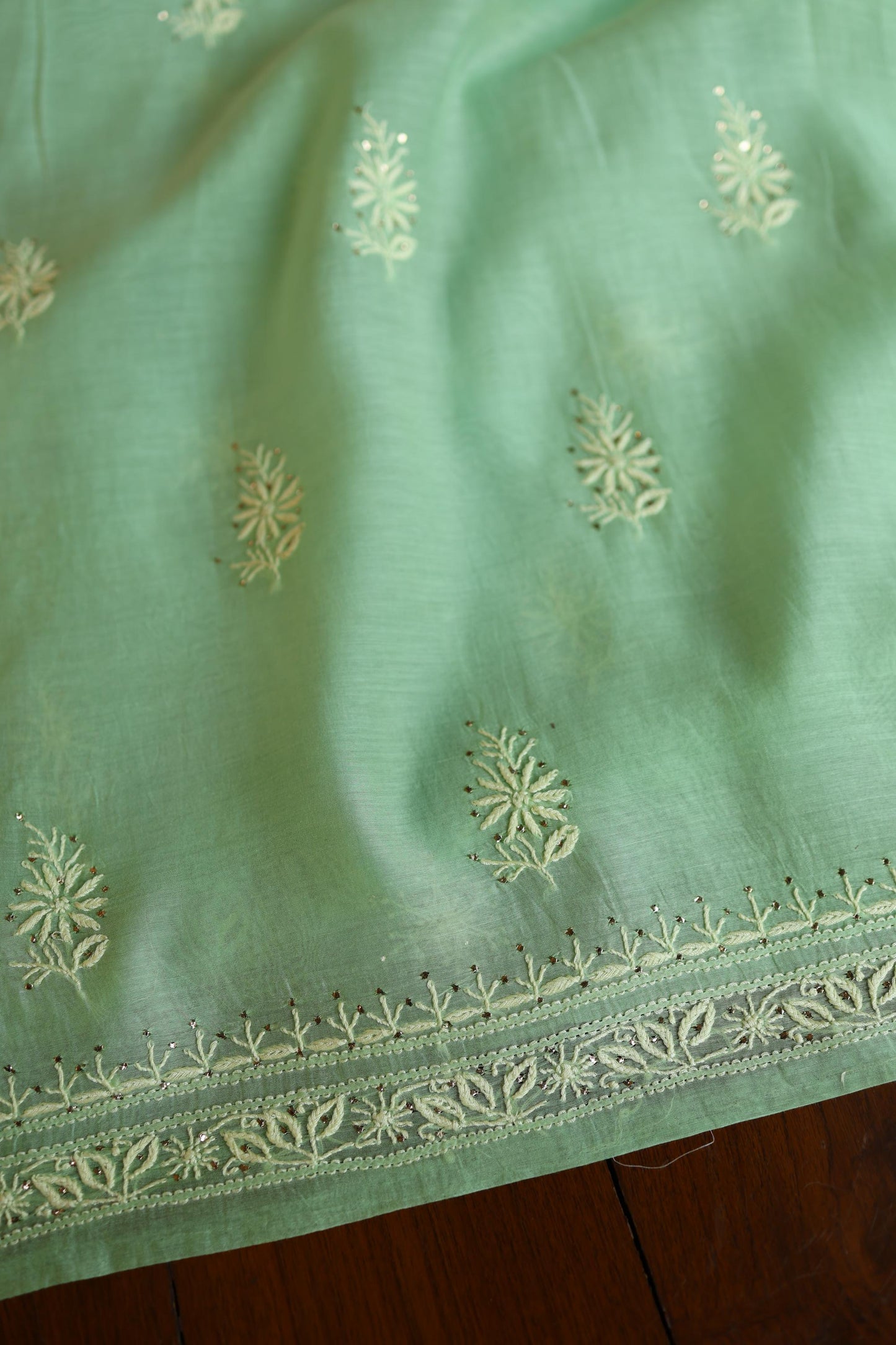 Dusty Green Shade Mal Cotton Chikankari Unstitched Kurta Dupatta Fabric With Mukaish Kamdani