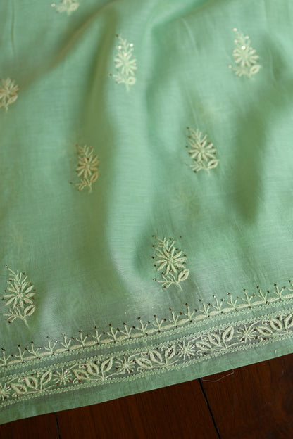 Dusty Green Shade Mal Cotton Chikankari Unstitched Kurta Dupatta Fabric With Mukaish Kamdani