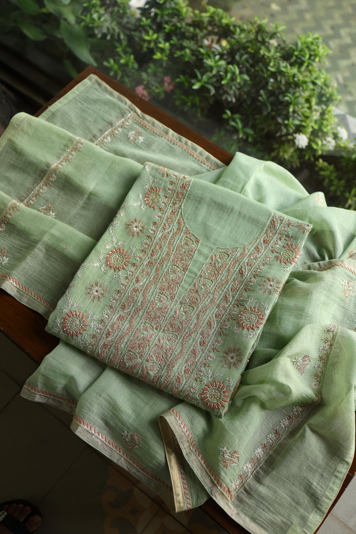 Dusty Green Shade Tissue Silk Chikankari Unstitched Fabric