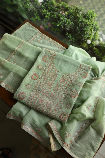 Dusty Green Shade Tissue Silk Chikankari Unstitched Fabric