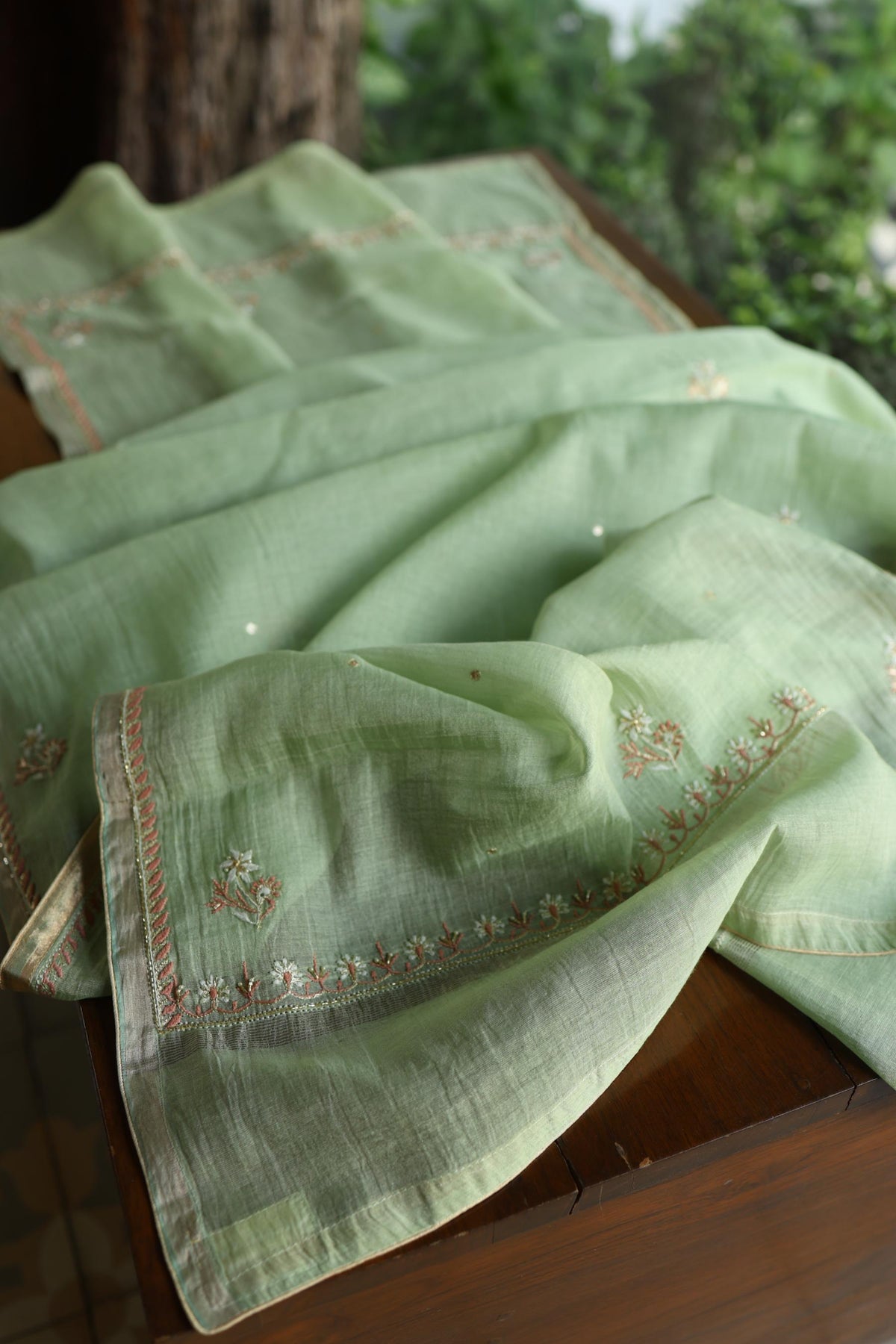 Dusty Green Shade Tissue Silk Chikankari Unstitched Fabric